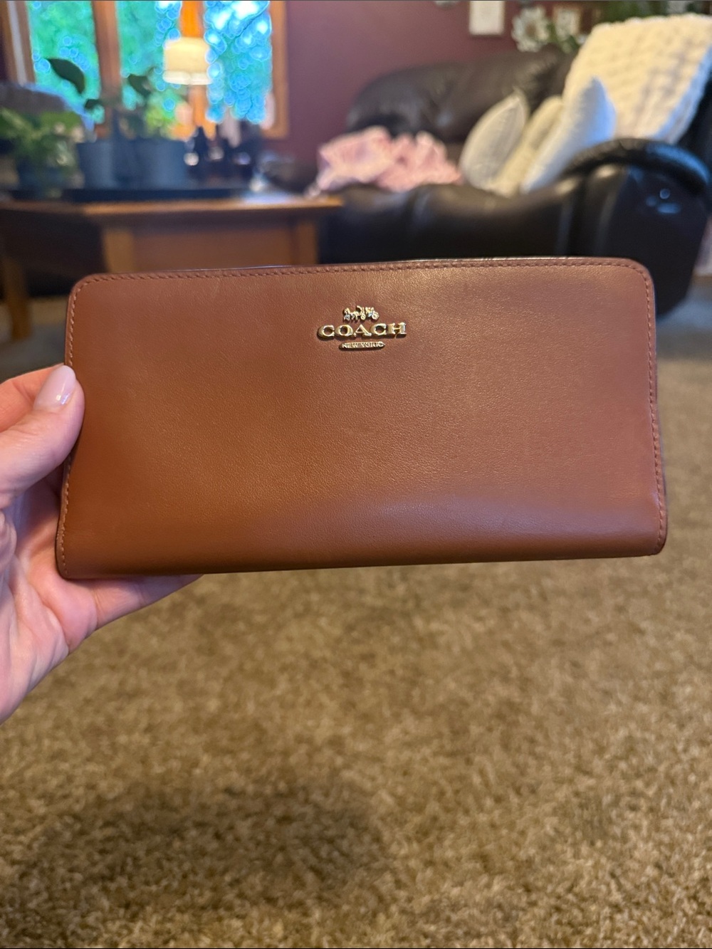 COACH Brown Leather Zip-Around Wallet with Gold Logo